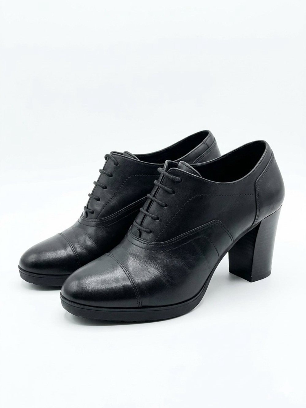 Geox Black Leather Lace-Up Block Heel Booties Size 8